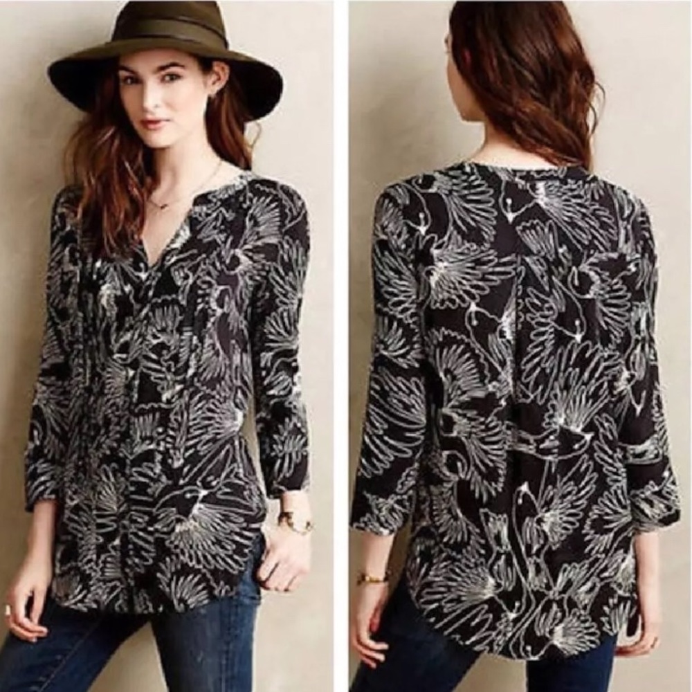Anthropologie Maeve Bird Floral Pintuck Blouse 0